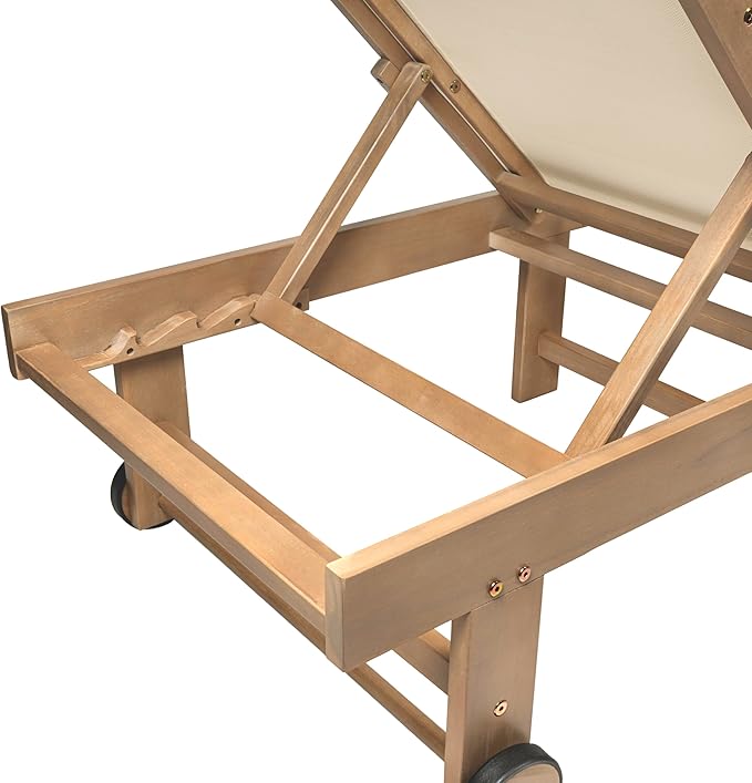 JONATHAN Y Trabuco Coastal Modern Acacia Wood Mesh 5-Position Outdoor Foldable Chaise Lounge Set with Side Table, White/Light Teak