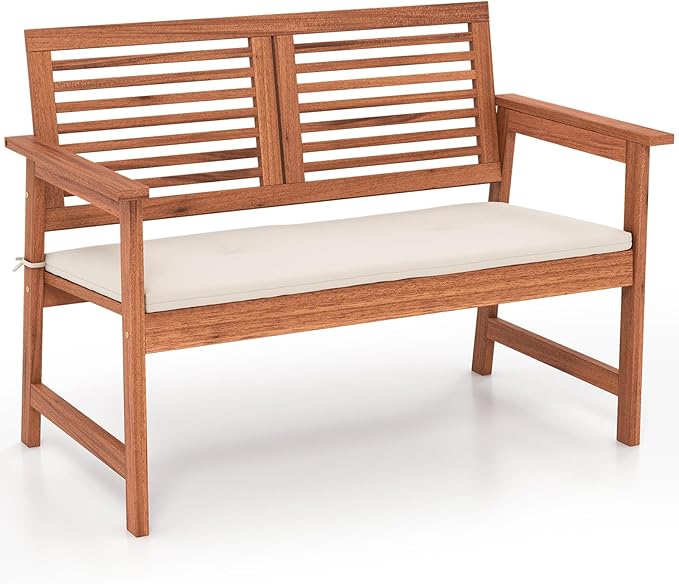HAPPYGRILL Outdoor Wood Bench Patio Solid Wood Loveseat with Comfortable Backrest & Cushions, Breathable Slatted Seat, Outside Loveseat Chair for Balcony Porch Garden