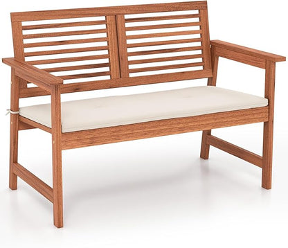 HAPPYGRILL Outdoor Wood Bench Patio Solid Wood Loveseat with Comfortable Backrest & Cushions, Breathable Slatted Seat, Outside Loveseat Chair for Balcony Porch Garden