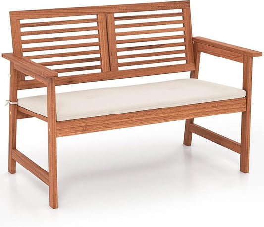 HAPPYGRILL Outdoor Wood Bench Patio Solid Wood Loveseat with Comfortable Backrest & Cushions, Breathable Slatted Seat, Outside Loveseat Chair for Balcony Porch Garden