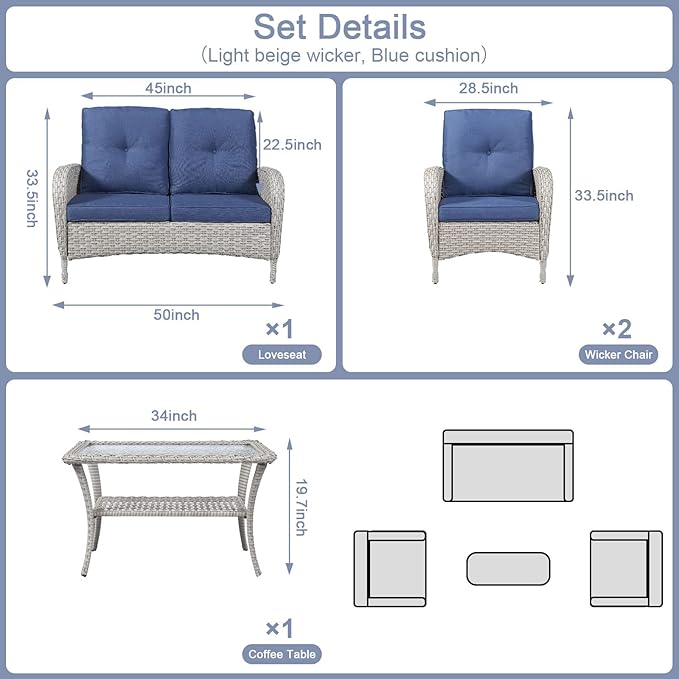 Belord 4 Pieces Patio Furniture Set for Porch Deck Balcony Outdoor, Wicker Chair Sectional Sofa Set - Photo 6