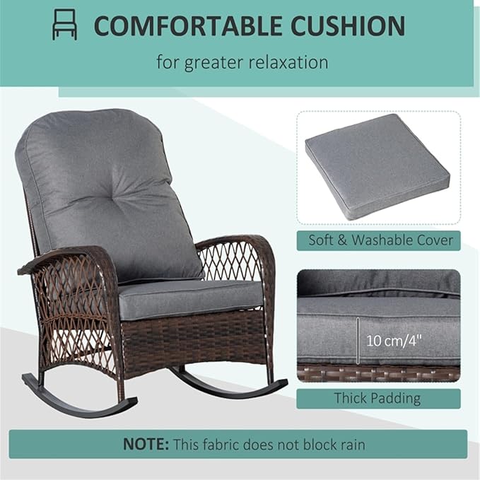 Outdoor Wicker Rocking Chair, PE Rattan Patio Rocker with Cushioned Removable Washable Covers for Porch, Garden, Backyard, Balcony(Gray)