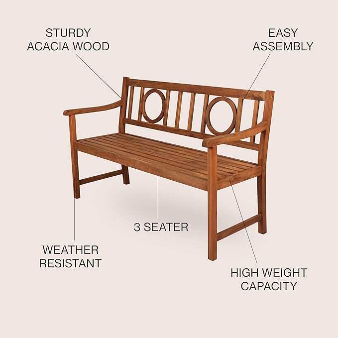 JONATHAN Y BNH104A Apollo 51.2" 3-Seat Circle-Back 600-Lbs Support Acacia Wood Outdoor Garden Patio Bench for Garden, Lawn, Backyard, Pool, Deck, Beach, Firepit, Teak