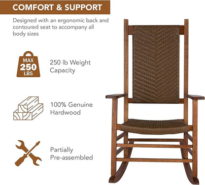 Shine Company Set of 2 Hampton Porch Rockers, High Back Wood Rocking Chairs, Rattan Backrest & Seat, 2-Pack, Oak