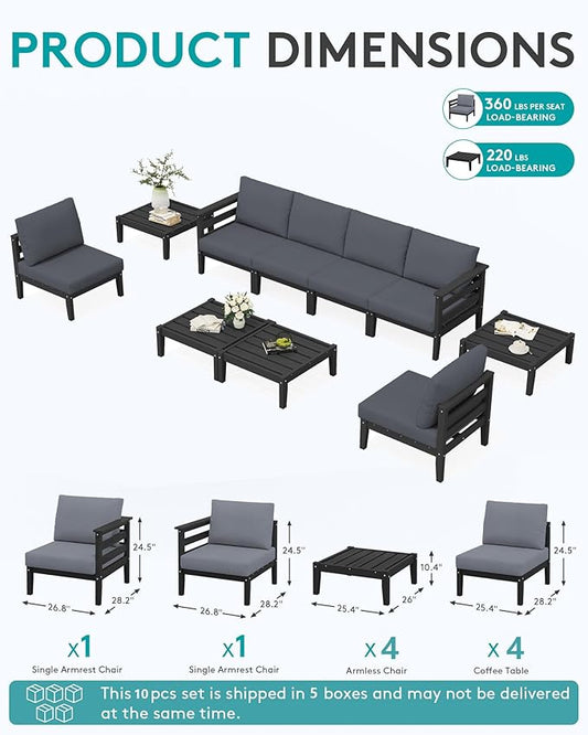 SERWALL HDPE Patio Furniture Set, 10 Pieces Outdoor Sectional Sofa Set, All-Weather Wood-Like Outdoor Sofa Couch with Coffee Table for Deck, Lawn, Black Frame with Grey Cushion