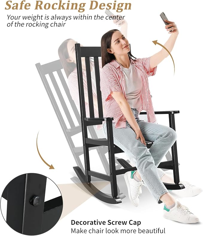 Outvita Outdoor Rocking Chair, Solid Wood High Back Rocker, All Weather Lounge Chair for Porch Patio Fire Pit Garden Backyard Deck Indoor, Black