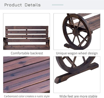 Ni-shore Wooden Wagon Wheel Bench Rustic Outdoor Patio Furniture, 2-Person Seat Bench with Backrest