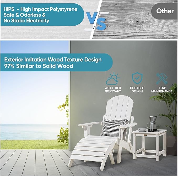 Adirondack Ottoman Set of 4, Plastic Folding Adirondack Footstool, All Weather Ottoman for Adirondack Chairs, Widely Used for Outdoor, Porch, Patio, Garden, Poolside, Fire Pits - White