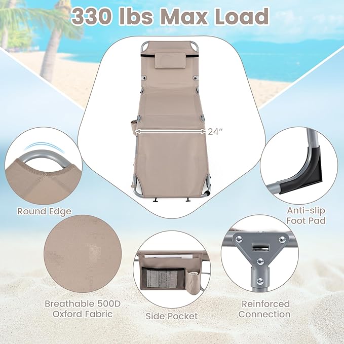 Goplus Tanning Chair with Face Arm Holes, Portable Sunbathing Chair w/4-Level Backrest, Head Pillow - Photo 3