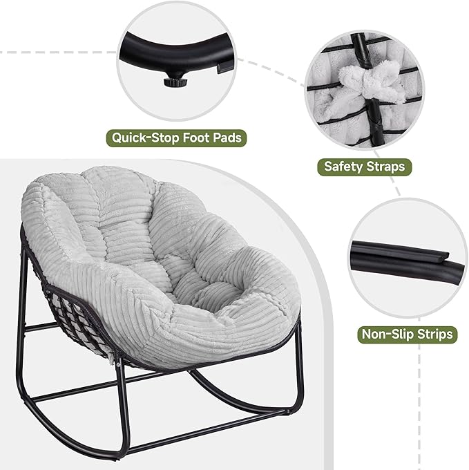 Indoor Rocking Chair, Oversized Outdoor Lounge Chair with Thick Corduroy Cushion & Straps - Photo 6