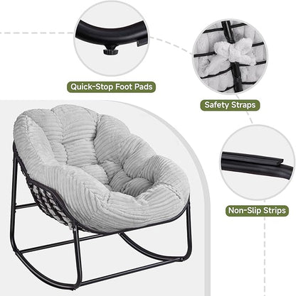 Indoor Rocking Chair, Oversized Outdoor Lounge Chair with Thick Corduroy Cushion & Straps, Wicker Modern Comfy Rocker Egg Chair for Living Room, Bedroom, Porch and Courtyard, Light Gray