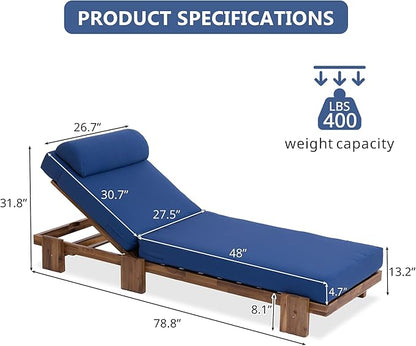 78.8'' Outdoor Patio Chaise Lounge Chair, Acacia Wood Adjustable Pool Lounge Chairs with Headrest and Retractable Side Tray for Terrace, Poolside, Garden, Beach Navy Blue