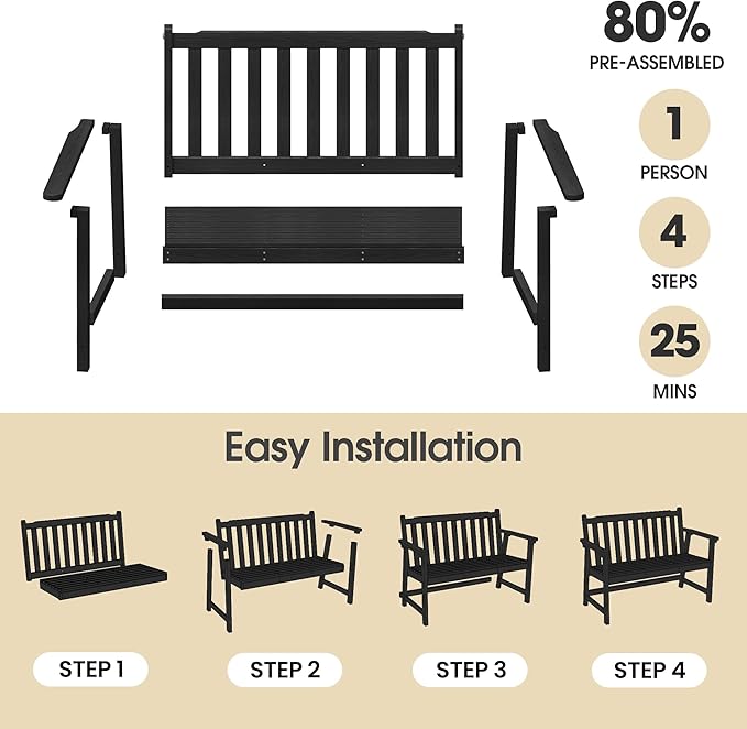 Ciokea 48" Outdoor Bench, HDPE Weatherproof Porch Bench, 2-Person Garden Benches with 550 Lbs - Photo 6
