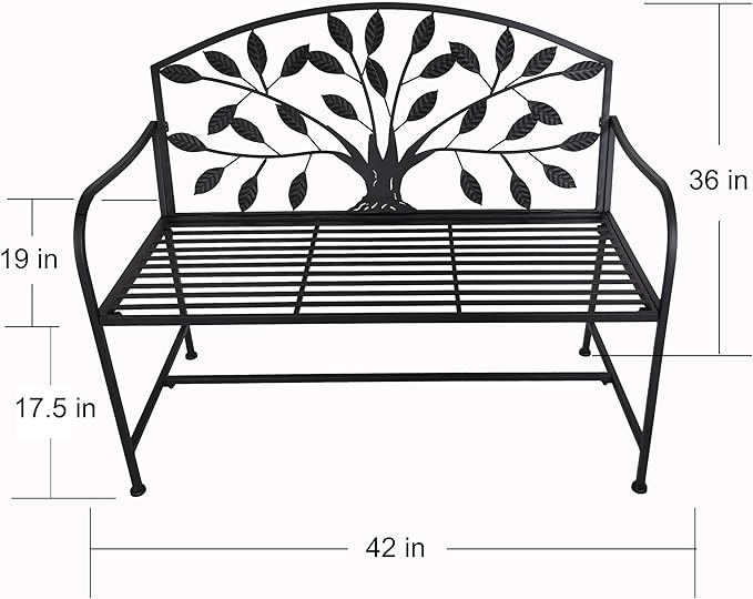 Hi-Line Gift Ltd. 42in Metal Garden Bench Tree Pattern-Black Patio Yard Seat