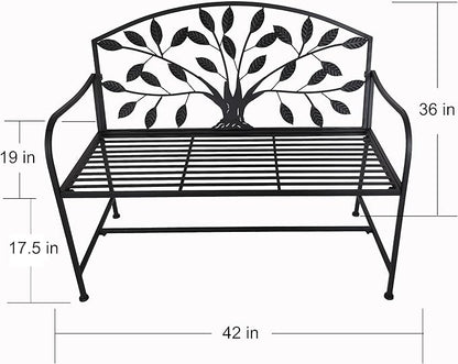 Hi-Line Gift Ltd. 42in Metal Garden Bench Tree Pattern-Black Patio Yard Seat