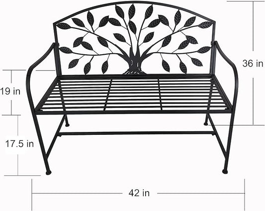 Hi-Line Gift Ltd. 42in Metal Garden Bench Tree Pattern-Black Patio Yard Seat