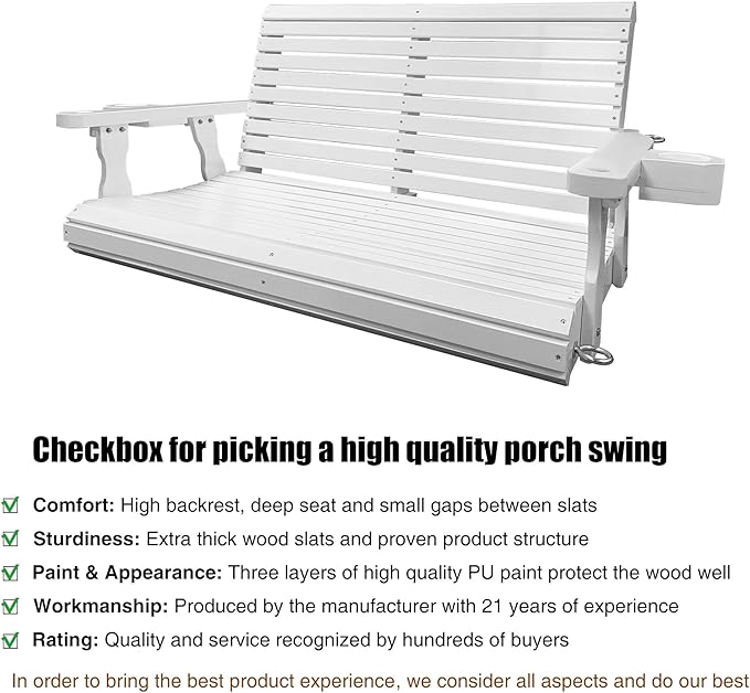 Wooden Porch Swing 2-Seater, Bench Swing with Cupholders, Hanging Chains and 7mm Springs, Heavy Duty 800 LBS - Photo 2