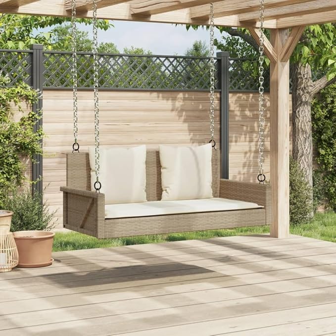 Swing Bench Beige PE Rattan, Powder-Coated Steel Standard Garden Bench Garden Seating for Balcony