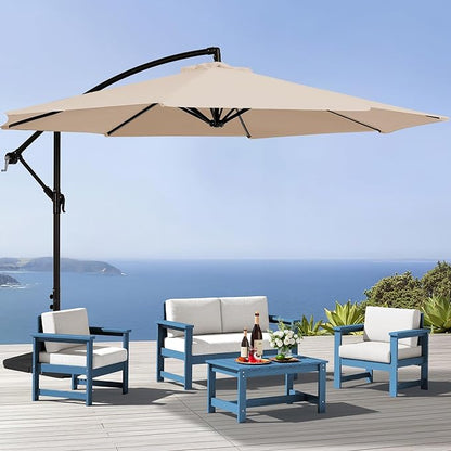 SERWALL 4 Pieces HDPE Outdoor Sofa Set with 10FT Patio Umbrella, All Weather Use Loveseat Furniture Sofa Set, Outdoor Conversation Couch with Coffee Table for Patio, Blue Frame with Khaki Cushions