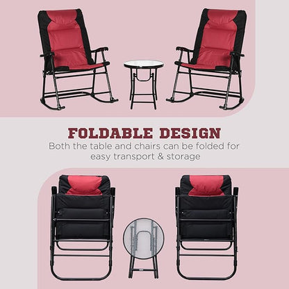 Outsunny 3 Piece Outdoor Patio Furniture Set with Glass Coffee Table & 2 Folding Padded Rocking Chairs, Bistro Style for Porch, Camping, Balcony, Red