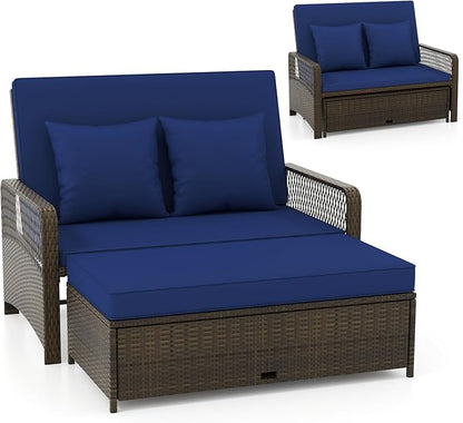 Moccha Outdoor Daybed, PE Rattan Double Chaise Lounge w/ 4-Level Adjustable Back, Storage Ottoman, Cushions & Pillows, Separated Seating, Wicker Sunbed for Garden Patio Furniture Set (Navy)