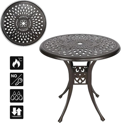 YUSING 31" Outdoor Dining Table,Patio Cast Aluminum Table,Furniture Set,Bistro Round Table with 2" Umbrella Hole for Kitchen,Garden,Yard