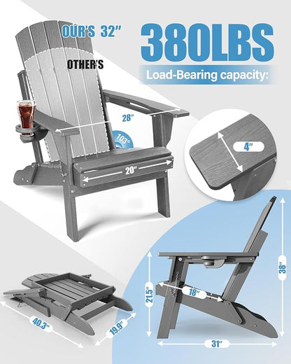 Adirondack Chairs Set of 4 for Outdoor Patio: Sturdy HDPE Plastic Fire Pit Chairs with Cup Holder & Wood Texture - Comfortable Easy to Assembly All-Weather Furniture - Easy Foldable and Stackable