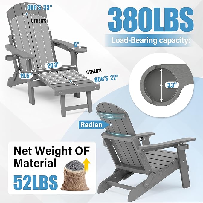 YEFU Adirondack Chair with Retractable Ottoman: Folding Adirondack Chairs Set of 2-5-Level Adjustable Backrest with Footrest - Fire Pit Chairs - 2 Cup Holder - Outdoor Plastic Chair for Patio(Grey)