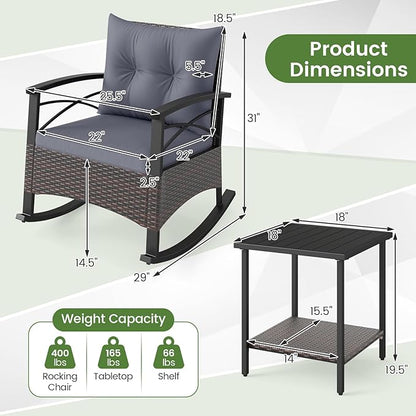 Tangkula 3 Pieces Outdoor Rocking Chairs Set, Rattan Heavy Duty Cushioned Rocker Chairs with 2-Tier Tempered Glass Coffee Table, for Garden, Balcony, Backyard (Gray)