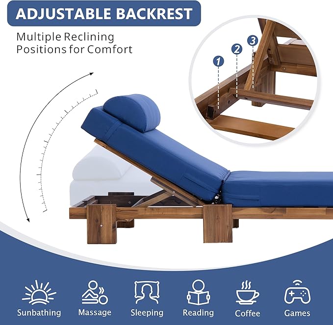 78.8'' Outdoor Patio Chaise Lounge Chair, Acacia Wood Adjustable Recliner with Headrest, Perfect for Terrace, Poolside - Photo 5