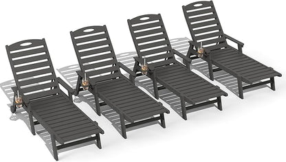 Domi Outdoor Chaise Lounge Chairs Set of 4, HDPE All-Weather Pool Loungers with 5-Position Adjustable Reclining Backrest & Rolling Wheels for Poolside Sunbathing Tanning, Grey