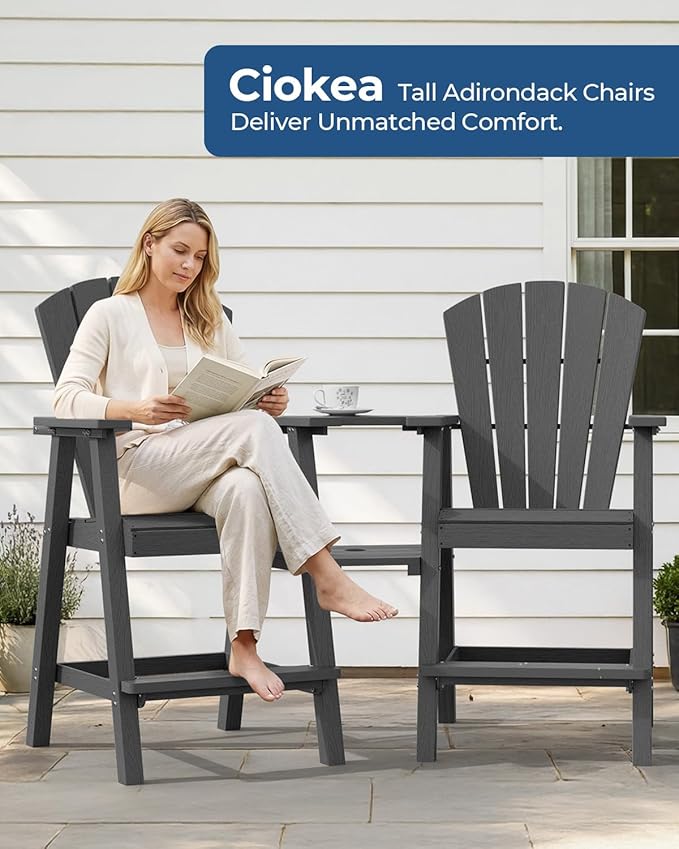Ciokea Tall Adirondack Chairs Set of 2, HDPE Outdoor Adirondack Bar Stools with Double Connecting Tray, Weather Resistant High Back Adirondack Balcony Chairs for Deck, Lawn, Pool, Backyard, Dark Gray
