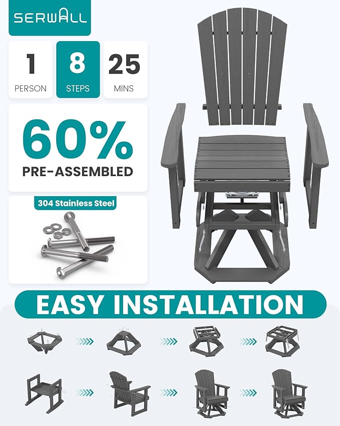 SERWALL Adirondack Swivel Glider Chair, HDPE Glider Rocking Chair for Outdoor, All-Weather Glider Chair for Porch - Photo 8