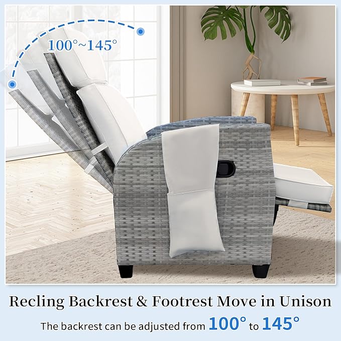 Wicker Outdoor Recliner | Outdoor Recliner Chair | Patio Recliner Chair with 4" Thick Cushion, Adjustable Backrest & Footrest, Flip-up Table & Side Pocket For Patio, Outdoor & Indoor (Gray&Beige)