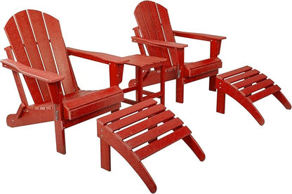 WestinTrends Malibu Outdoor Lounge Chairs Set, 5-Pieces Adirondack Chair Set of 2 with Ottoman and Side Table, All Weather Poly Lumber Patio Lawn Folding Chair for Outside, Red