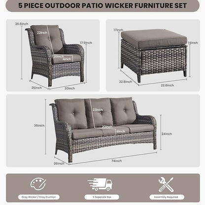 Belord Outdoor Wicker Furniture 5 Pieces Patio Furniture Sofa Set Patio Wicker Chairs with Ottomans Conversation Set for Porch Garden Deck Balcony Poolside