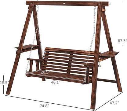 Outsunny 2-Seat orch Swing with Stand, Wooden Patio Swing Chair with Side Tables and Metal Chains, Outdoor Hanging Bench for Garden, Poolside, Backyard, Carbonized