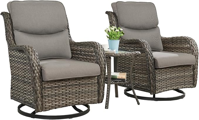 Rilyson Wicker Rocking Chair Swivel Chairs - 3 Piece Rocker Patio Furniture Set Rattan Rocking Bistro Sets with Glass - Photo 2