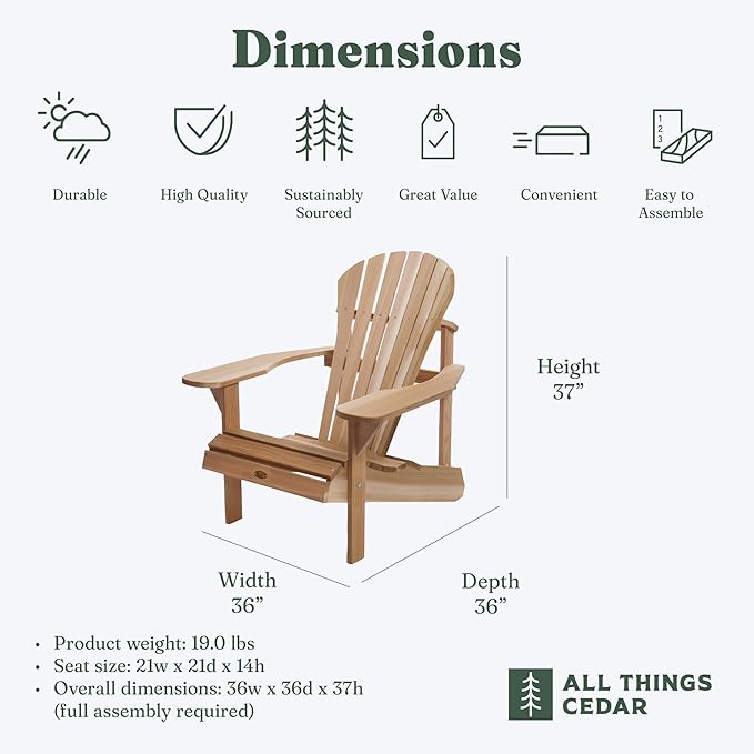 All Things Cedar Patio Chair, Athena Adirondack Outdoor Seat with Wide Arm Rest
