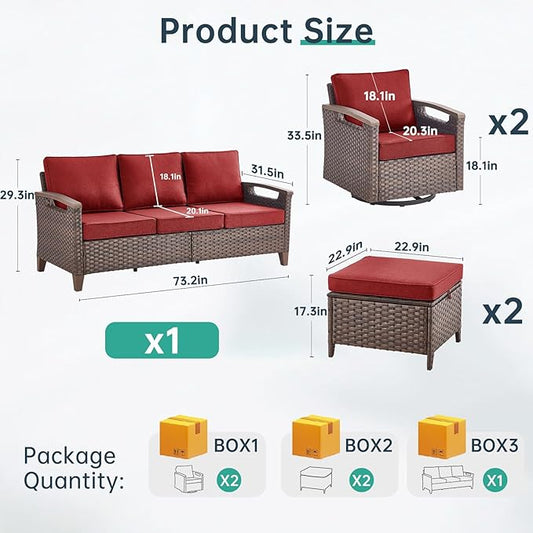 Luxury 5 Piece Heavy Duty Patio Furniture Set with Swivel Chairs - All Weather Wicker Comfort Thick Cushion Outdoor Conversation Set with 3 Seat Sofa & Ottoman for Porch Poolside Deck - Red
