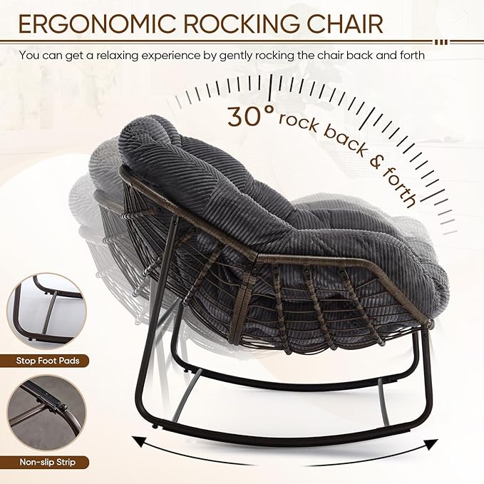 Large Indoor Rocking Chair, Oversized Rocking Papasan Chair with Thick Cushion & Frame, Comfy Corduroy Rocker Wicker Egg Chairs Lounge Reading Chair for Living Room, Bedroom, Apartment, Charcoal Grey