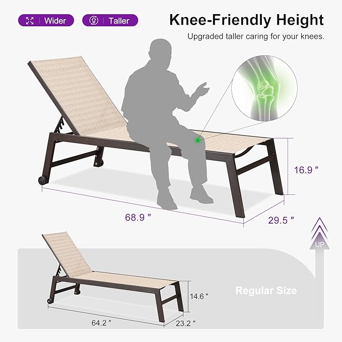 PURPLE LEAF Oversized Patio Lounge Chairs Set of 3, Reclining Pool Lounge Chairs with Side Table and Wheels for All Weather for Outdoor, Deck, Lawn, Aluminum Outside Pool, Light Tan