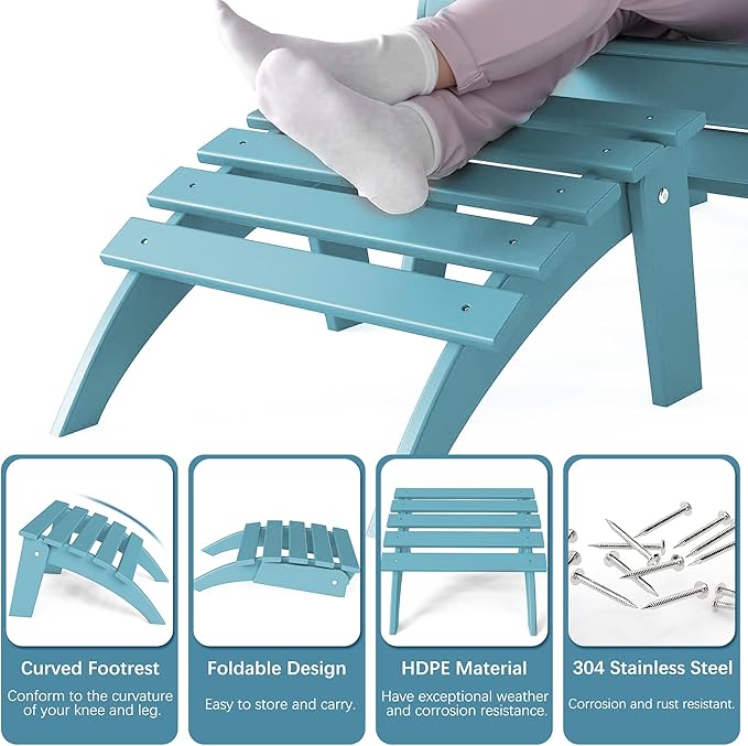 Adirondack Ottoman, Folding Adirondack Ottoman for Adirondack Chair, HDPE All Weather Outdoor Footstool for Patio, Backyard, Porch, Garden, Light Blue
