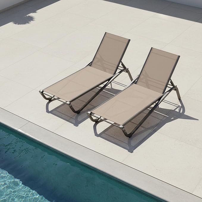 Lounge Chair Set of 2, Aluminum Chaise Lounge Outdoor, Lightweight Lounge Chairs for Outside with 5 Adjustable Backrest, Pool Lounger for Poolside, Beach, Balcony, Deck (Khaki)