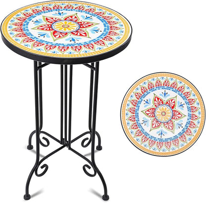 VCUTEKA Mosaic Outdoor Side Table, Round Rustproof Patio Tables with 14" Ceramic Tile Top, Indoor Porch Accent Table for Yard, Garden, Living Room, Bistro Balcony, Orange