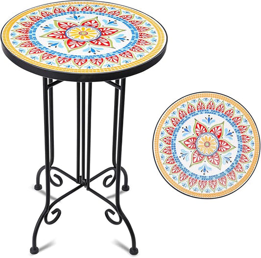 VCUTEKA Mosaic Outdoor Side Table, Round Rustproof Patio Tables with 14" Ceramic Tile Top, Indoor Porch Accent Table for Yard, Garden, Living Room, Bistro Balcony, Orange