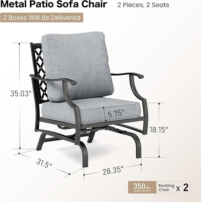 Metal Outdoor Rocker Patio Chairs Set of 2 with 5.75" Extra Thick Cushion, 2 Piece High Back Rocker Patio Chairs All Weather Outdoor Furniture Seating for Deck Balcony Porch, Gray