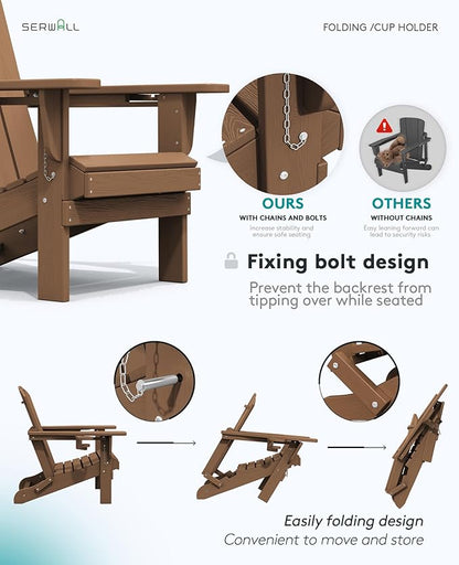 SERWALL Adirondack Chair with Cup Holders - Composite Adirondack Chairs HDPE Outdoor Chairs All Weather Use- Brown