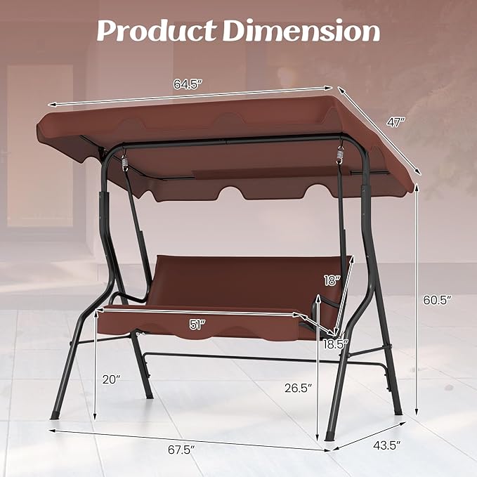 Tangkula 3 Person Porch Swing, Patio Swing with Removable Cushion & Powder-Coated Steel Frame - Photo 6