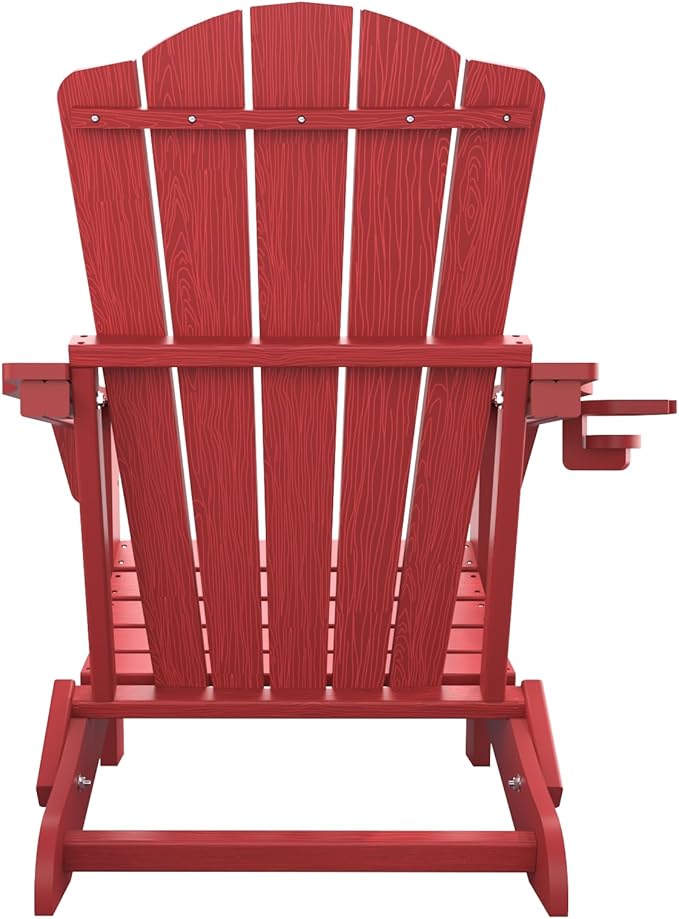 Folding Adirondack Chair, HDPE All-Weather Outdoor Chair with Cup Holder, Wooden Textured, Fire Pit Chair - Photo 10